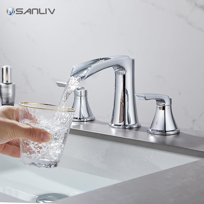 Chrome Waterfall Bathroom Faucet, Sanliv 3-Piece Widespread Bathroom Sink Faucets, 2-Handle Vanity Faucet for 3-Hole Sinks 4-8 Inch with Pop-Up Drain, ?랶olished Chrome