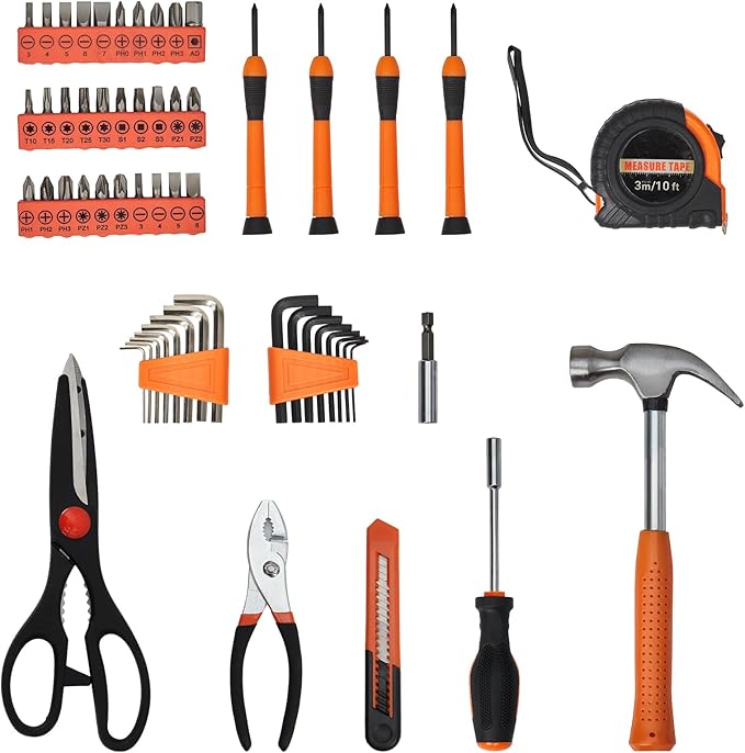 PioneerWorks Portable Small Tool Kit, 57 Piece General Household Hand Kit, Tool Set with Plastic Toolbox Storage Case Blue for Home Maintenance