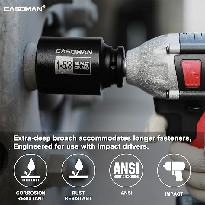 CASOMAN 10PCS 1/2" Drive Deep Spindle Axle Nut Impact Socket Set, 6-Point, Large Socket Set, SAE (1-1/16" to 1-5/8"), CR-MO