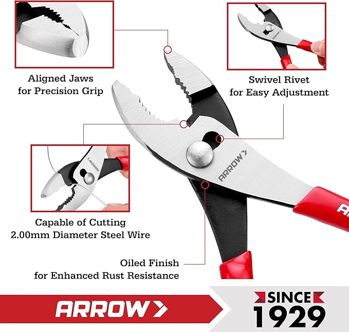 ARROW 8" Slip Joint Pliers, Pliers Tool with Thick Dip-Grip Handle, Strong Grip Jaws, High Carbon Steel, Pliers for Gripping, Loosening Nuts and Bolts, Cutting Steel Wire