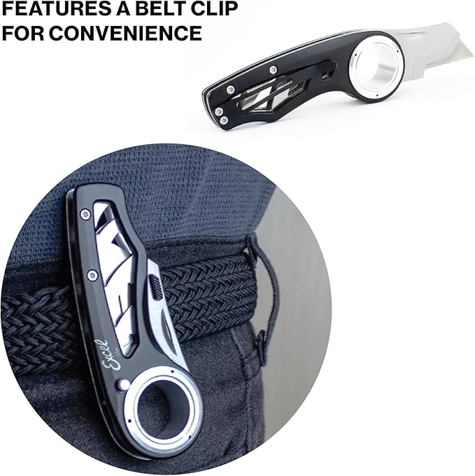 Excel Blades Revo Folding Utility Knife ??Heavy-Duty Box Cutter with Aluminum Body, Quick-Change #92 Blades, 3 Lock Positions Design, Anti-Slip Finger Loop Grip, Holster Included ??Black
