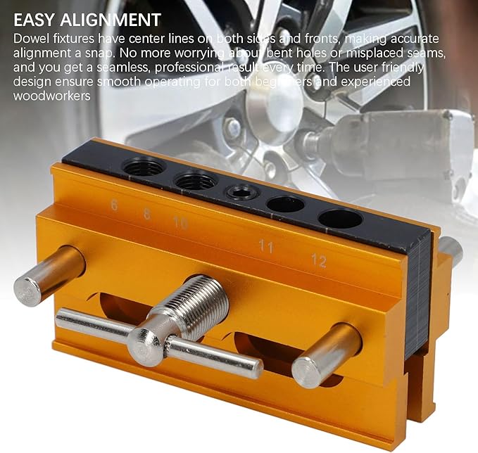 Self Centering Doweling Jig Kit Metric Adjustable Width Dowel Jig Kit for Straight Holes, Biscuit Joiner Set, 6 Bushings Power Tool Accessory Jigs for Straight Holes (Gold)