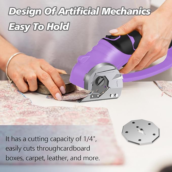 Cordless Electric Scissors, 4V Rechargeable Box Cutter & Cardboard Cutter with Titanium Blade, LED Light, Safety Lock - Rotary Cutter for Fabric, Leather, Carpet, Plastic, Crafting, Sewing(Purple)