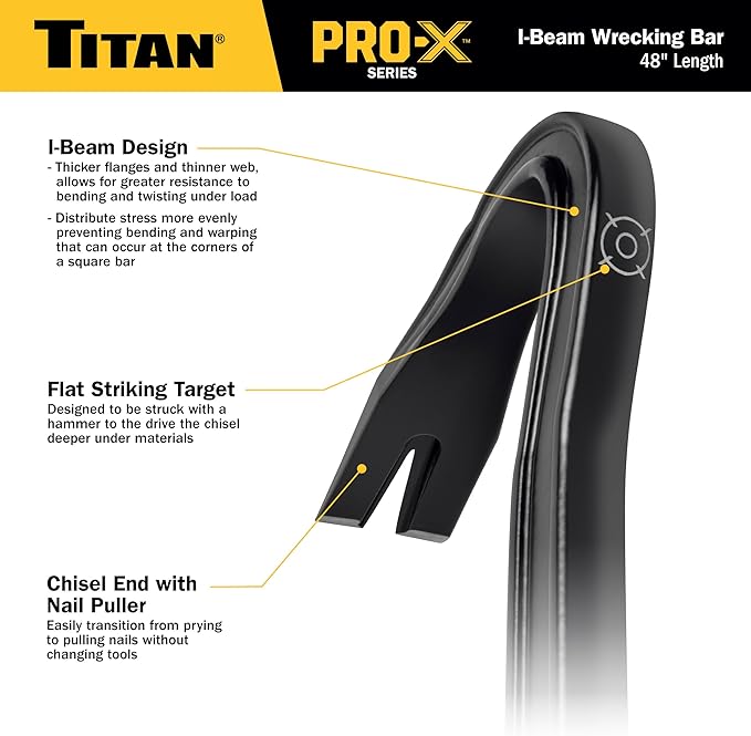 Titan Pro-X 63800 24-Inch I-Beam Wrecking Bar with Curved Gooseneck Design, Fully Hardened High Carbon Steel Construction, Angled Chisel End, Flat Striking Target