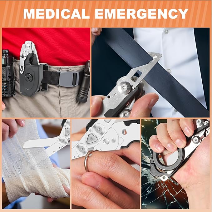 6-in-1 Multi-function Trauma Shears With Holster, Trauma Shears for Nurses Foldable, Heavy Duty Stainless Steel Scissors all Purpose, Outdoor Camping Rescue Scissors（Black）
