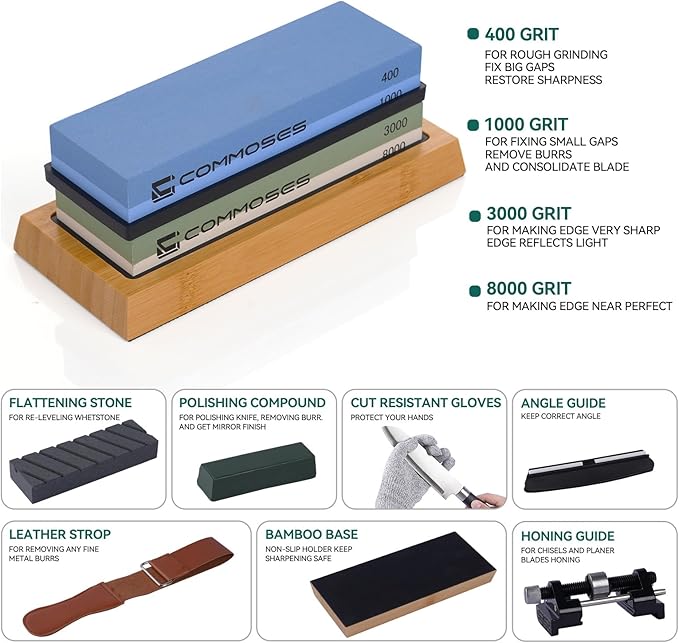 Whetstone Sharpening Stone Knife Sharpener Stone Set: 4 Side 8000|3000 1000|400 in Kitchen With Bamboo Base,Cut Resistant Gloves,Angle Guide,Honing Guide,Flattening Stone,Leather Strop,Rubber pad