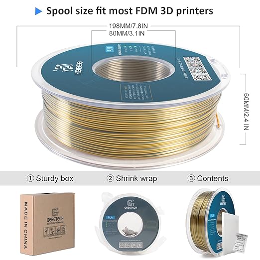Geeetech Silk PLA Filament 1.75mm Silk Dual Color Filament, Coextrusion Dichromatic Metal-Like Shiny Consumable 1kg (2.2lbs) 1 Spool, Dimensional Accuracy +/- 0.02 mm, Gold Silver