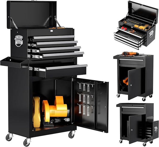 INTERGREAT Rolling Tool Chest, 5-Drawer Tool Box Organizer w/Lockable Wheels & Sliding Drawers & Detachable Top, Tool Storage Cabinet for Garage Workshop, Black