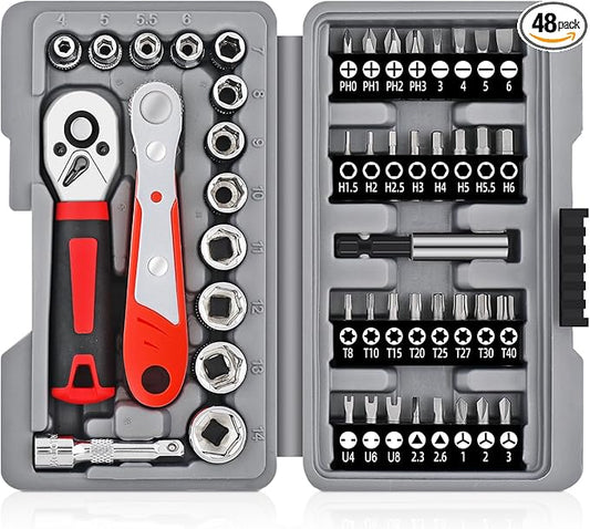 48 Pcs 1/4 Inch Ratchet Socket Wrench Set and Screwdrivers Bit Set with 2" Extension Bar and Magnetic bit Splicer Bar, Suit for Home Maintenance, Auto, Motorcycle, and Bicycle Repair