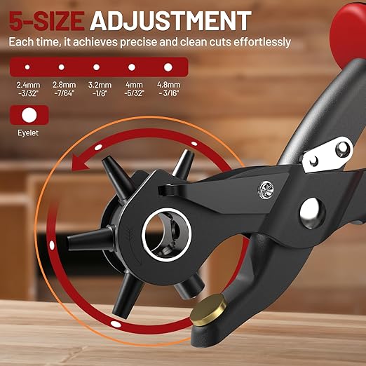 2 in 1 Leather Hole Punch, 3/16" 4.5mm Revolving Hole Puncher with Eyelet Tool Kit and Metal Eyelets for Leather, Belts, Watch Bands, Fabric, Plastic, DIY Handmade Production