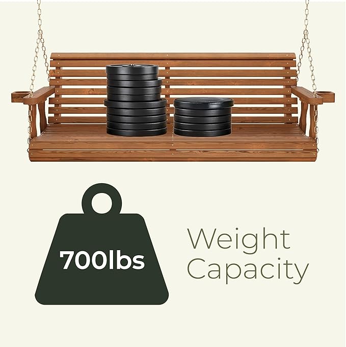 Amish Casual 5 Foot Roll Back Heavy Duty Wooden Porch Swing with Cup Holders in Cedar Stain - Amish Made in The USA from Treated Pine, Outdoor Hanging Bench Swing with 700 Lb. Weight Capacity
