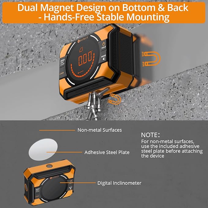 Neoteck Digital Angle Finder with Dual Laser (Class 2 Laser, 1mW Power Output) 4x90/2x180째Angle Gauge with LED Display and Data Hold USB Charging Level Box with Bottom and Back Strong Magnetic