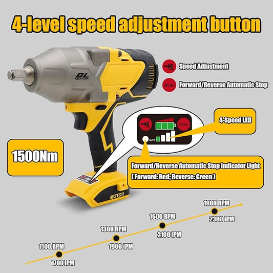 20V Brushless Impact Wrench, 1100 ft-lbs High Torque, 1/2 inch 4-Speed Cordless Impact Gun, Easily Removes Bolts on Cars, Trucks, and Tractors, Bare Tool Only