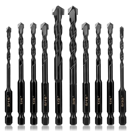 10Pcs Masonry Drill Bits Kit for Concrete, Stone, Carbide Drill Bit Set for Glass, Brick, Tile, Plastic, Ceramic and Wood Size 5/32 to 1/2 inch