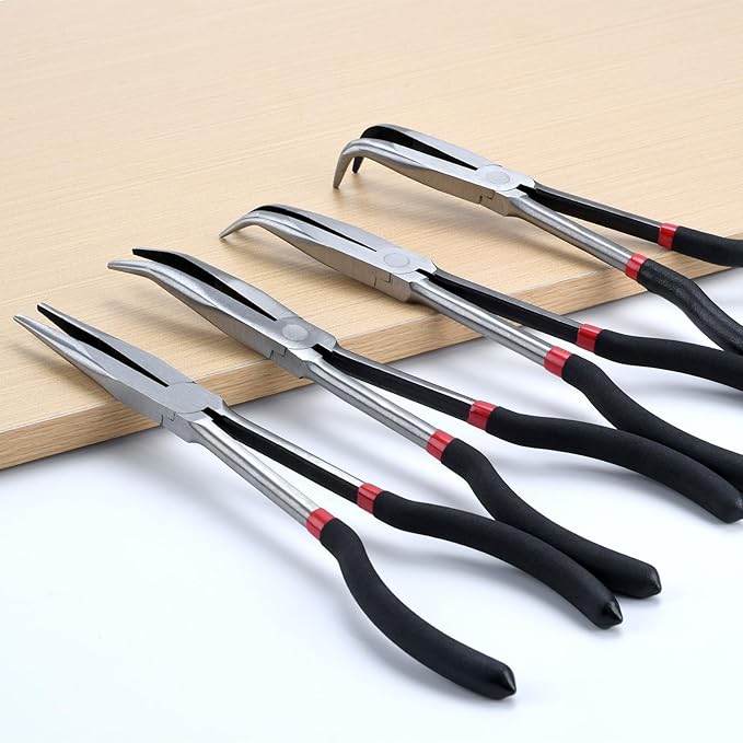 4-Piece 11" Precision Long Nose Pliers Set with Insulated Comfort Grip Handles,Straight Long Needle Nose Pliers,25/45/90 Degree Angle Curved Pliers for Wire Bending,Shaping,Trimming