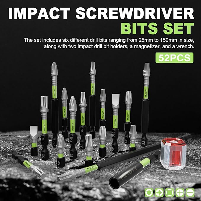 52PCS impact screwdriver bit set-resistant magnetic mixed, includes various sizes and lengths, along with a magnetizer, extension rod, and wrench, to meet your work needs.