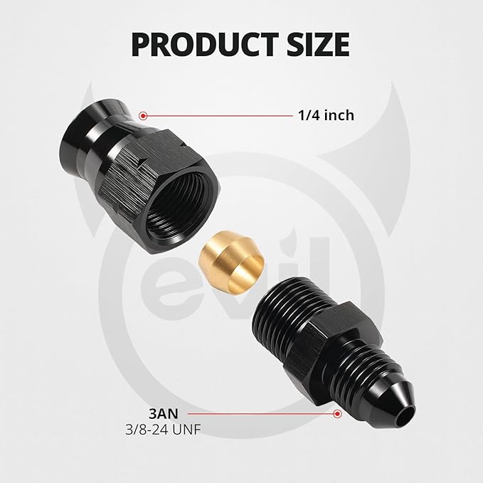 EVIL ENERGY 3AN Male to 1/4" Hardline Compression Fitting Adapter Aluminum Black