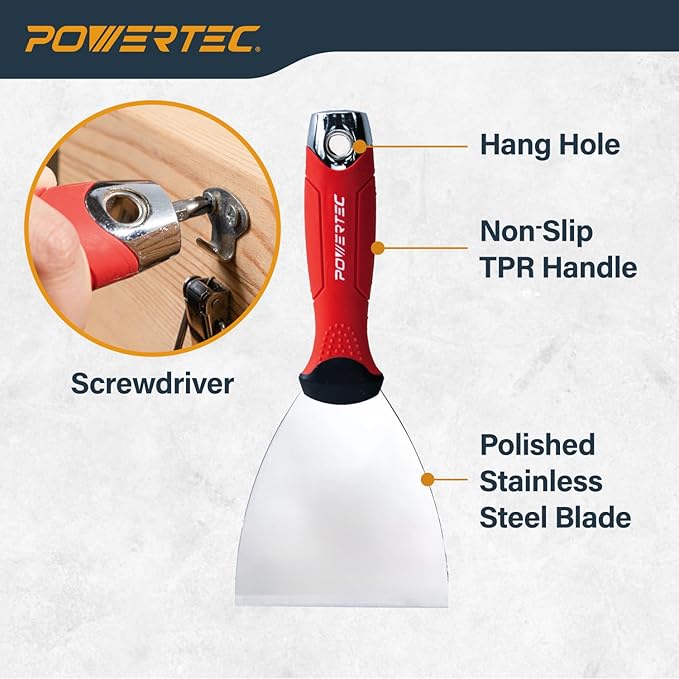 POWERTEC 4-Inch Stainless Steel Drywall Joint Knife - Flexible Blade, Soft Grip, for Patching, Taping, Scraping (72172)