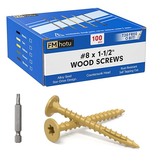#8 x 1-1/2” Deck Screws, 100Pcs Star Drive Wood Screws, Rust Resistant Timber Screws for Timber/Log/Landscaping Wood, T20 Star Bit Included, Yellow