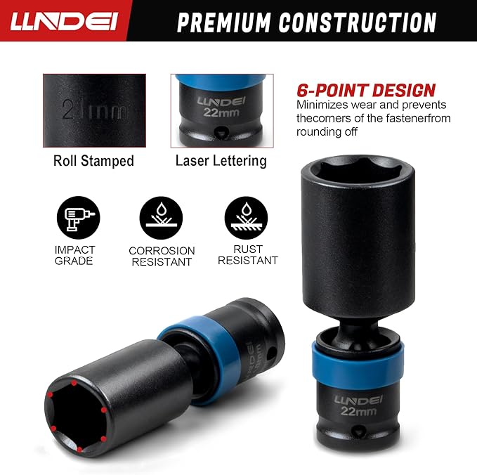 LLNDEI 3/8" Drive Swivel Socket Set, 19PCS Deep Universal Impact Socket Set, Metric(8mm-22mm) Premiun Wobble Socket Set, CR-MO Steel,3"& 6" Extension Bar, Ad