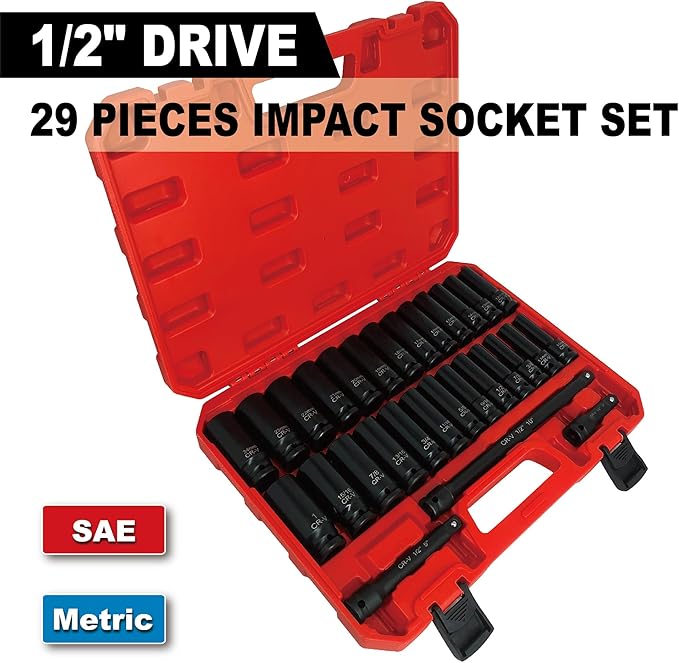 29pcs 1/2" Drive Impact Socket Set, Deep & Standard Sockets with Extension Bars, Cr-V Steel, SAE 3/8"-1", Metric 10mm-24mm
