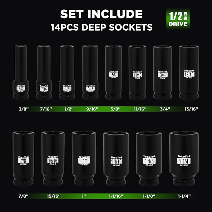 14PCS 1/2" Deep Drive Impact Socket Set, 6-Point, SAE (3/8" to 1-1/4"), CR-MO Steel, With a Storage Case