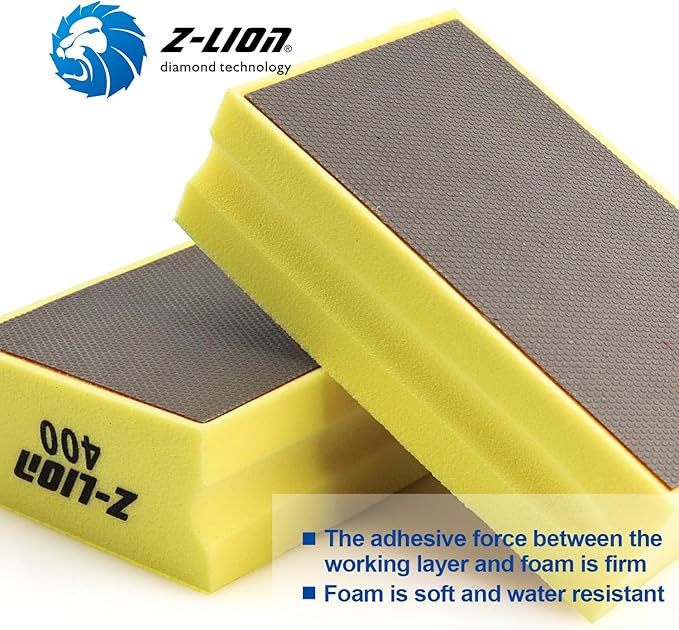 Z-Lion Diamond Hand Polishing Pads Electroplated Grinding Pads Foam-Back Block for Glass Stone Concrete Marble Tiles Grit 400