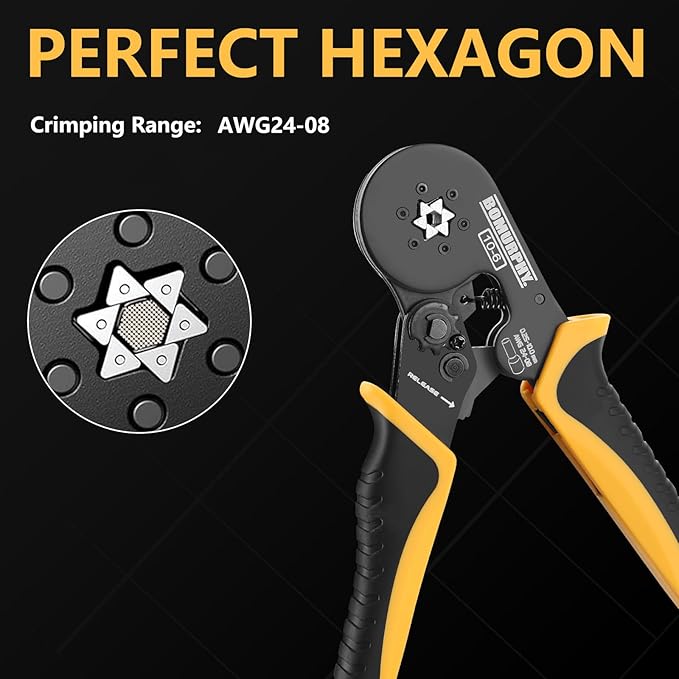 Ferrule Crimping Tool Kit with Wire Connectors, AWG24-8 Sawtooth Self-Adjustable Ratchet Wire Terminals Crimper Kit (Hex Crimping Tool Set - 24 Types)