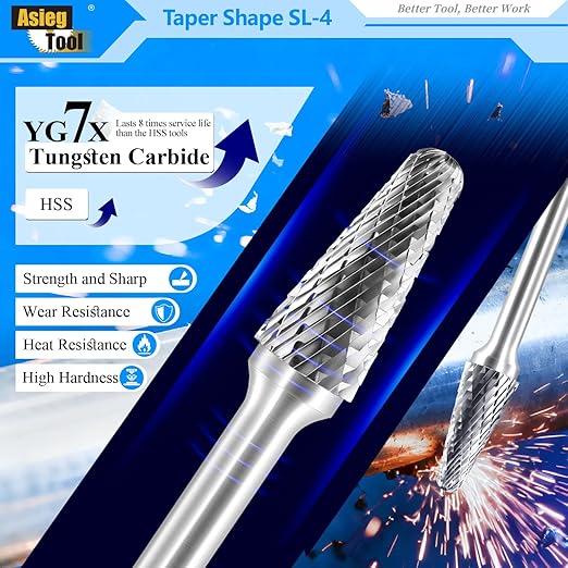 SL-4 Tungsten Carbide Burr Rotary File Taper Shape with Radius End Double Cut with 1/4" Shank for Die Grinder Drill Bit