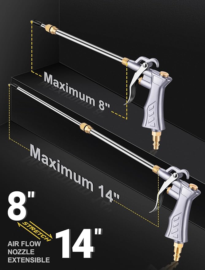 JASTIND Industrial Air Blow Gun with Brass Adjustable Nozzle, 8-14 Inch & 2 Steel Air Flow Extensions, High Volume Air Tool Dust Blower Gun for Air Compressor Attachments