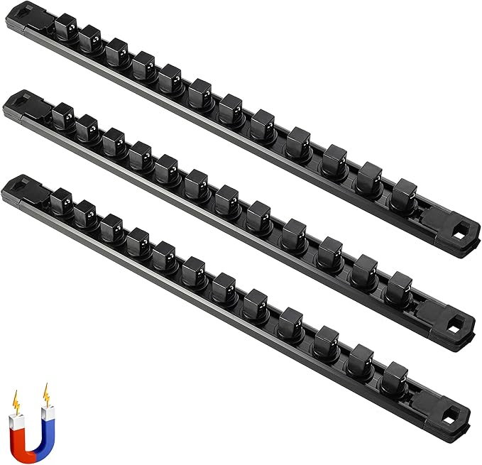 ALOANES 3-Piece Magnetic Socket Organizer, Heavy Duty Aluminum Socket Rails Organizer, 360째 Swivel Clips Socket Rail Set For Sockets Storage, 1/4-Inch Socket Holder x 42 Clips (Black)