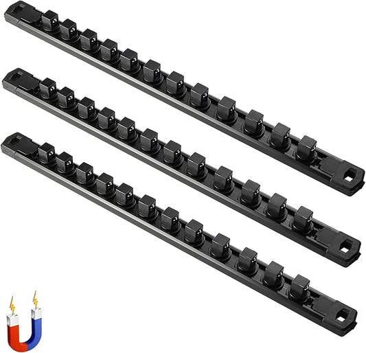 ALOANES 3-Piece Magnetic Socket Organizer, Heavy Duty Aluminum Socket Rails Organizer, 360째 Swivel Clips Socket Rail Set For Sockets Storage, 1/4-Inch Socket Holder x 42 Clips (Black)