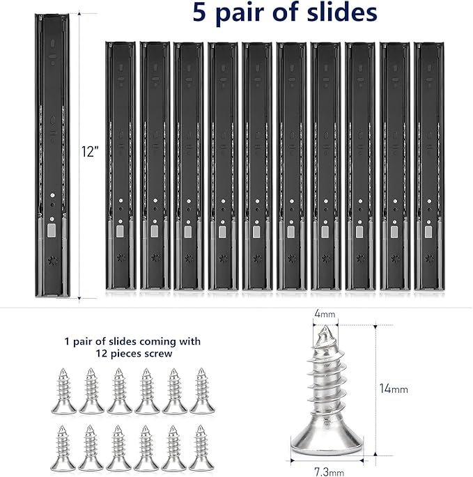 Ravinte 12 Inch Soft Close Drawer Slides 5 Pairs 10 Pack Black Full Extension Ball Bearing Drawer Glide Side Mount