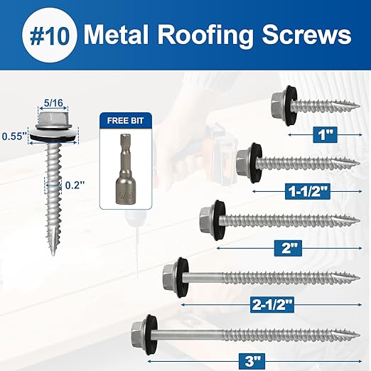 Metal Roofing Screws #10×1-1/2Inch, 500-PCS, Hex Head Rustpert Coating Sheet Metal to Wood Siding Screw with EPDM Rubber Washer, Sharp Point, Hex Socket Included