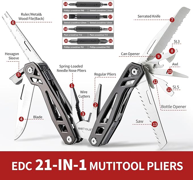 Christmas Gifts for Men Him Dad, WETOLS 21-in-1 Multitools with Pocket Knife, Stainless Steel Self-locking Pliers with 8 Screwdriver Bits, Multi Tool Survival Gear, EDC Knife with Pouch for Outdoor