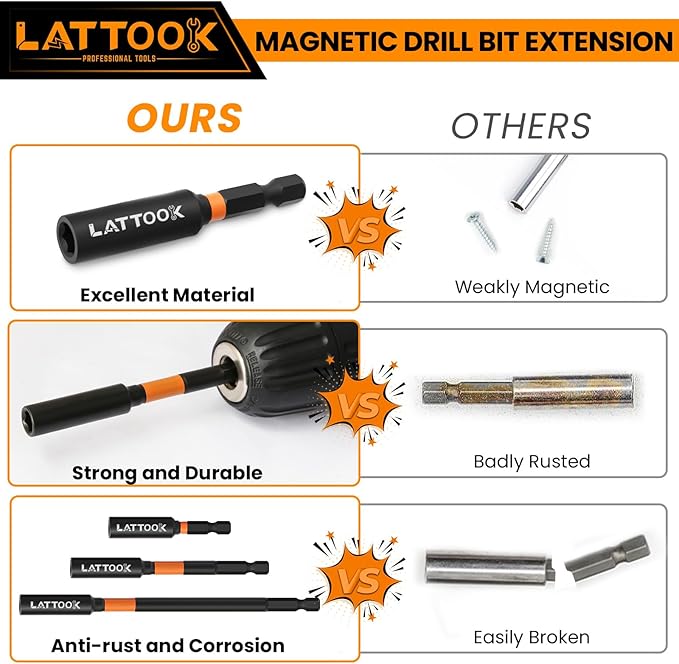 Drill Bit Extension Set, LATTOOK 6PCS Magnetic Drill Extension Bit Holder for Impact Driver, 1/4" Hex Shank Drill Bit Extender, 2.3'', 4'', 6'' Drill Bit Extension