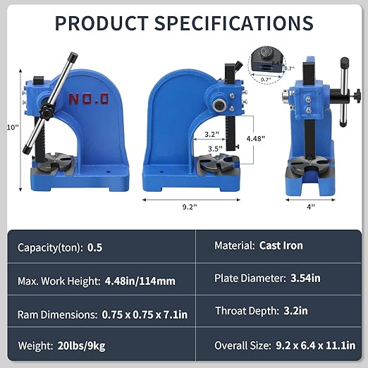 Manual Arbor Press 0.5 Ton,Heavy Duty Cast Iron Desktop Punch Press Machine, for Riveting Punching Holes