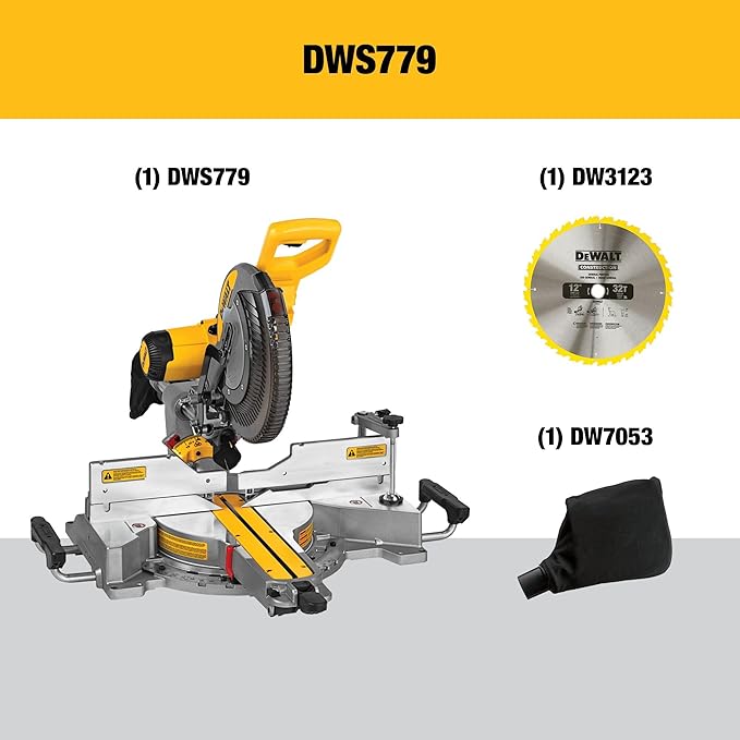 DEWALT Miter Saw, 12 Inch Double Bevel Sliding Compound Miter Saw, Blade Wrench and Material Clamp, Increased Crosscut Capacity, Powerful 3800 RPM Motor, Corded (DWS779)