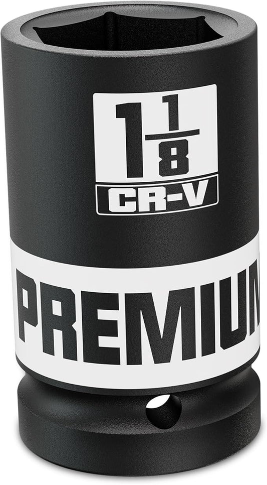 1" Drive Deep 6 Point Impact Socket, 1-1/8 '' Deep Socket, SAE, CR-V, Color-Coded for Auto Repair, Mechanics & DIY