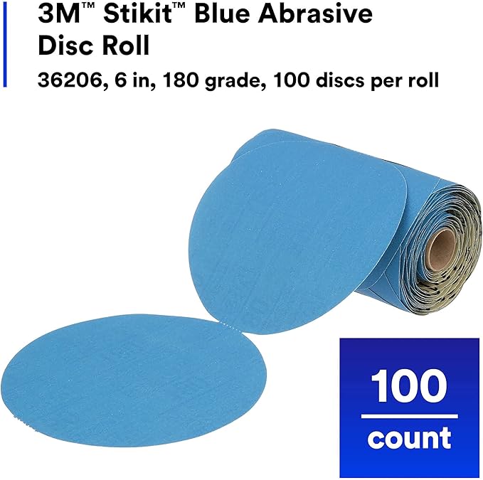 3M Stikit Blue Abrasive Disc Roll, 36206, No Hole, 6 in, 180+ Grade, Pack of 100, Automotive Sanding Discs for Coating Removal, Body Repair, Auto Sanding, Primer Sanding