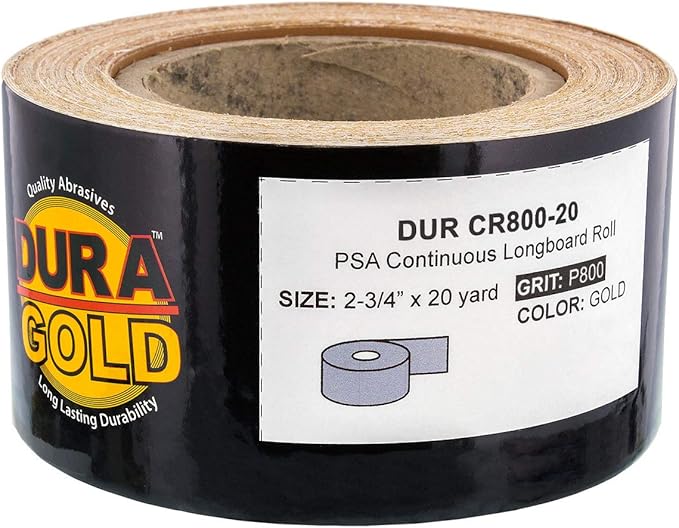 Dura-Gold Premium Gold 800 Grit PSA Longboard Sandpaper, 20 Yard Roll, 2-3/4" Wide, Self Adhesive Stickyback, Woodworking & Automotive Sandpaper Roll, Air File Sand Paper, Auto Sanding Blocks
