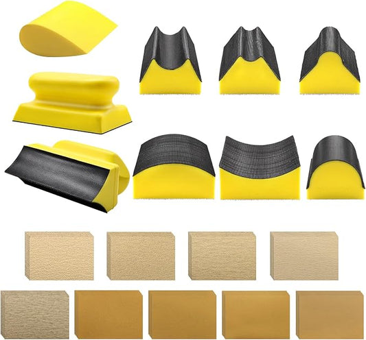 VIBRATITE 9 PCS Contoured Profile Hand Sanding Block, 4 Inch Hand Sander Block Interchangeable Assorted Convex & Concave Shapes with 45 Sheet Assortment Sandpaper for Auto Body, Woodworking, Furniture