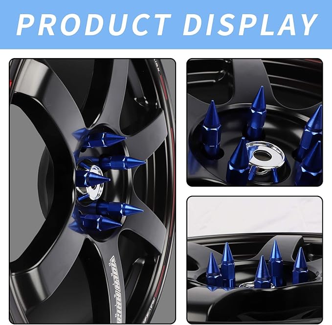 20Pcs Anti Theft Spikes Extended Tuner Wheel/Rims Lug Nuts with Wheel Locks M12X1.5+Socket (Blue)