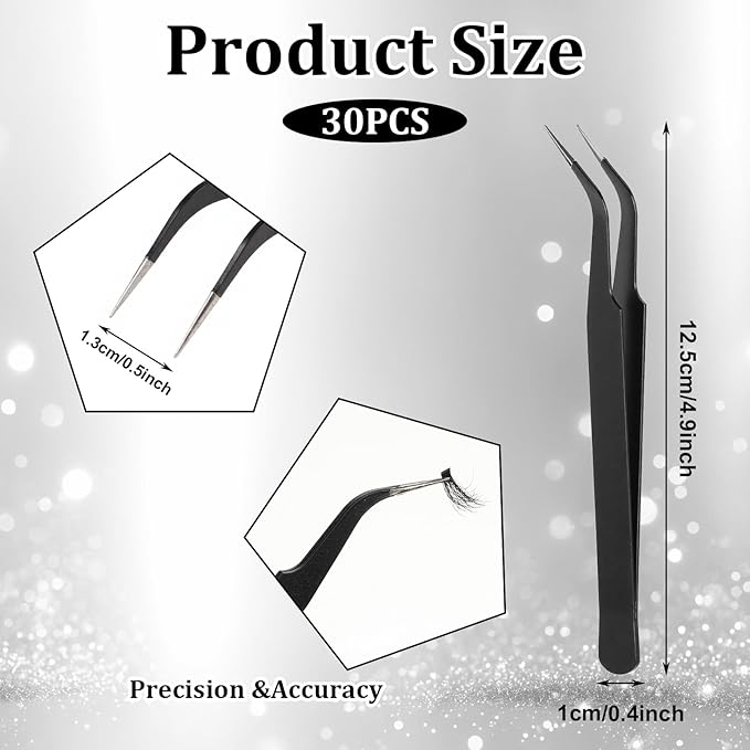 30Pcs Stainless Steel Craft Tweezers 4.9Inch Curved Pointed Tweezers with Protective Cover, Multipurpose High Precision Tweezer for Craft Sewing Stickers Eyelash Jewelry Making(Black)