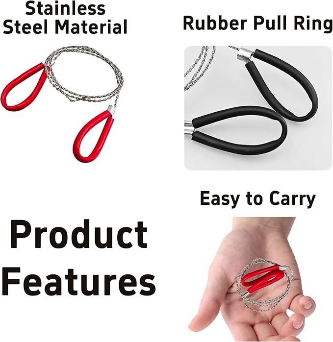 4 Pack 20.8 Inch Heavy Duty Survival Wire Saw, Stainless Steel Emergency Pocket Size Wire Saw Outdoor Tool for Wood, Rubber, Plastic, Outdoor (2 Red+2 Black)