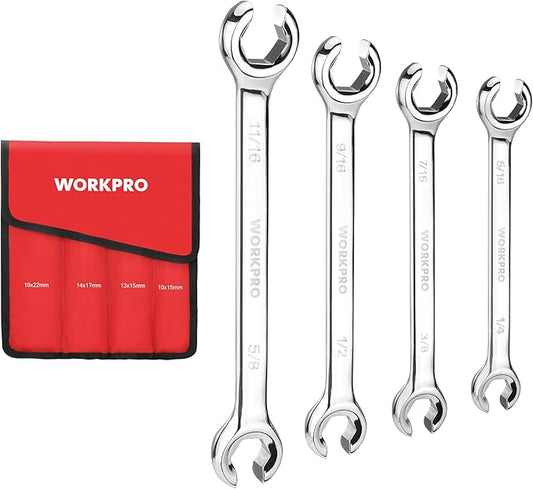 WORKPRO 4-Piece Flare Nut Wrench Set, SAE Brake Line Wrenches, 1/4", 5/16", 3/8", 7/16", 1/2", 9/16", 5/8", 11/16", Cr-V Steel, 15째 Offset Head Tubing Wrench, Organizer Pouch Included