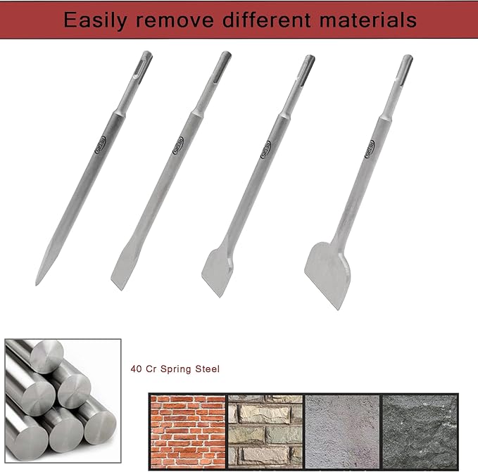 4 pcs SDS Plus Chisel Set, Masonry Concrete Drill Bit Set, Tile Removal Chisel Bits for Rotary Hammer with Point Flat Wide Tile Inclined Grooving Scraping Scaling Chisels