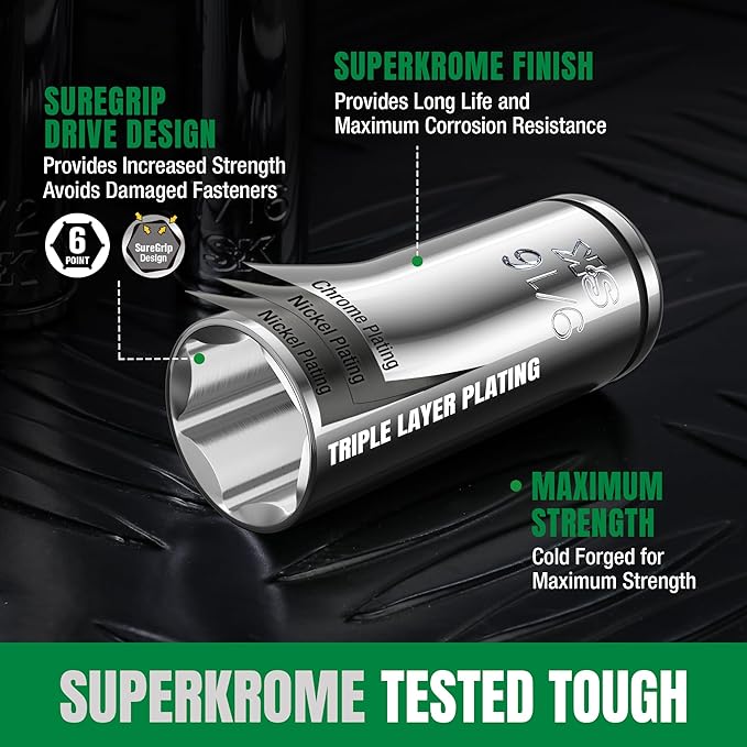 SK 1/4" & 3/8" Drive Socket Set with 160-P Ratchet, 105-Piece, SAE & Metric, SuperKrome Finish, Premium CR-V Construction, with EVA Foam Tool Organizer