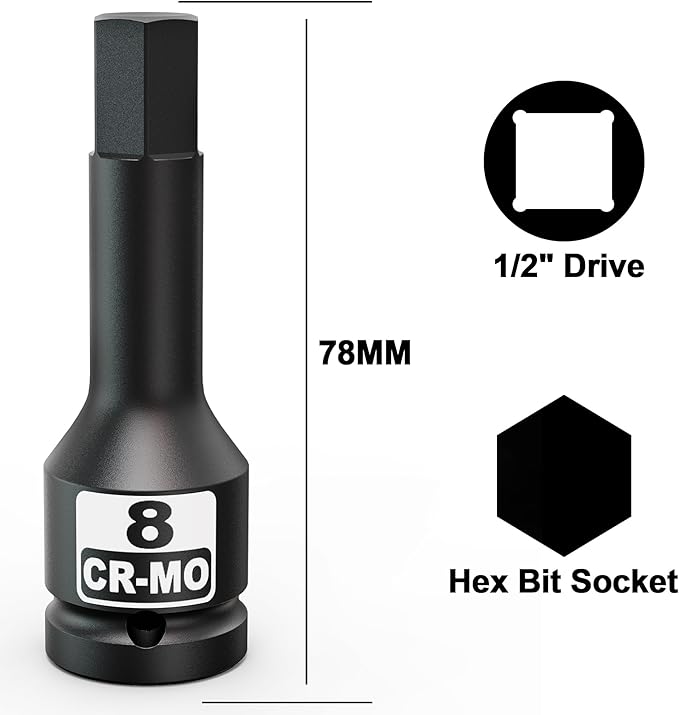 1/2" Drive 8 mm Hex Impact Bit Socket, H8 Allen Bit Socket, Metric, Cr-Mo Steel, Automotive Repair Industrial Maintenance and DIY Enthusiasts Alike