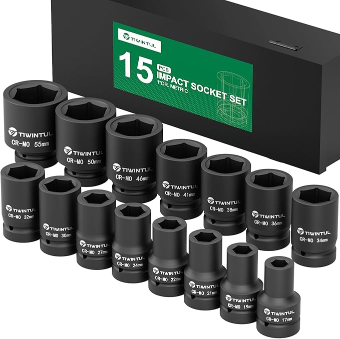 1 Inch Drive Deep Impact Socket Set,15 Pcs, Metric, CR-MO, 17/19/21/22/24/27/30/32/34/36/38/41/46/50/55mm Heavy Duty Large Sockets for Truck, Excavator & Industrial Use, with Metal Case